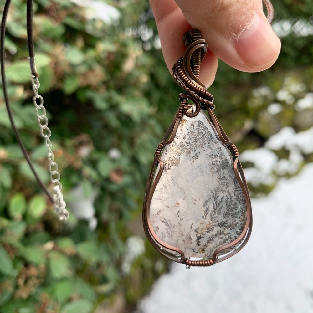 Large Dendritic Quartz wire wrapped oxidized copper  pendant